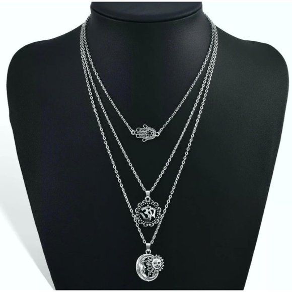 Fashion Jewelry Jewelry - Multi Level Necklace Silver Hamsa Moon Sun Um Sign